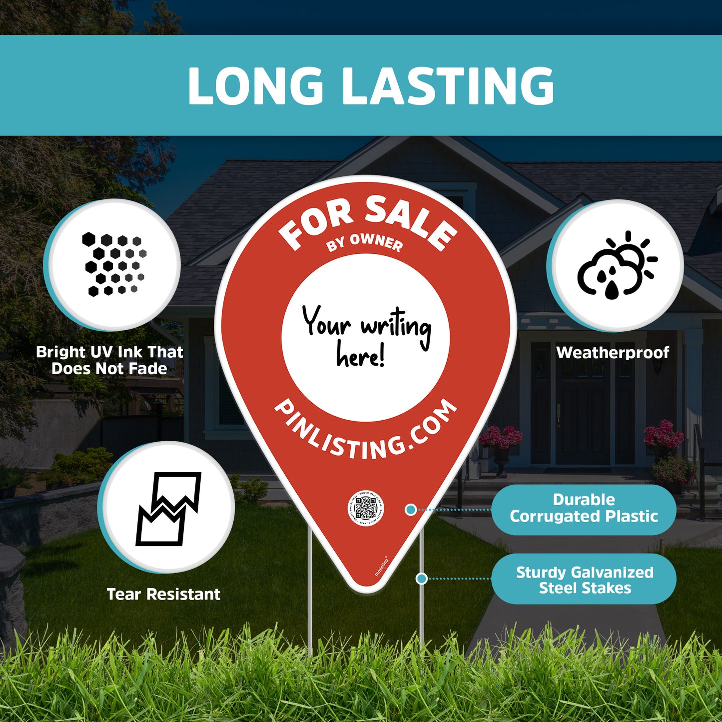 For Sale by Owner Sign + QR Listing + Stakes Bundle For House or Land